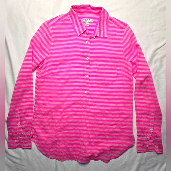 J CREW Hot Pink Stripe Cotton Silk 1/2 Button Popover Shirt sz 2 - Picture 1 of 6